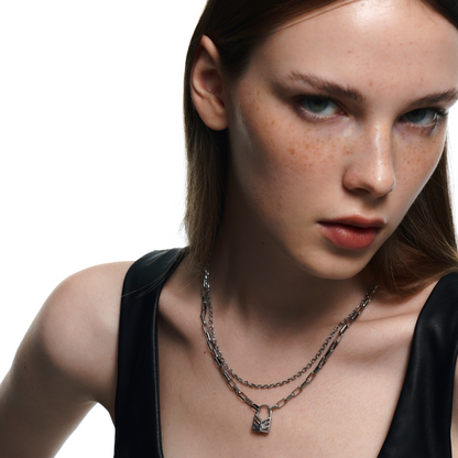 Lover's Interlock Hollow Rhinestone Lock Pendant Double-Layer Necklace