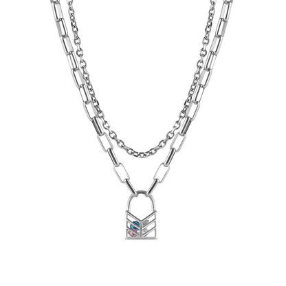 Lover's Interlock Hollow Rhinestone Lock Pendant Double-Layer Necklace